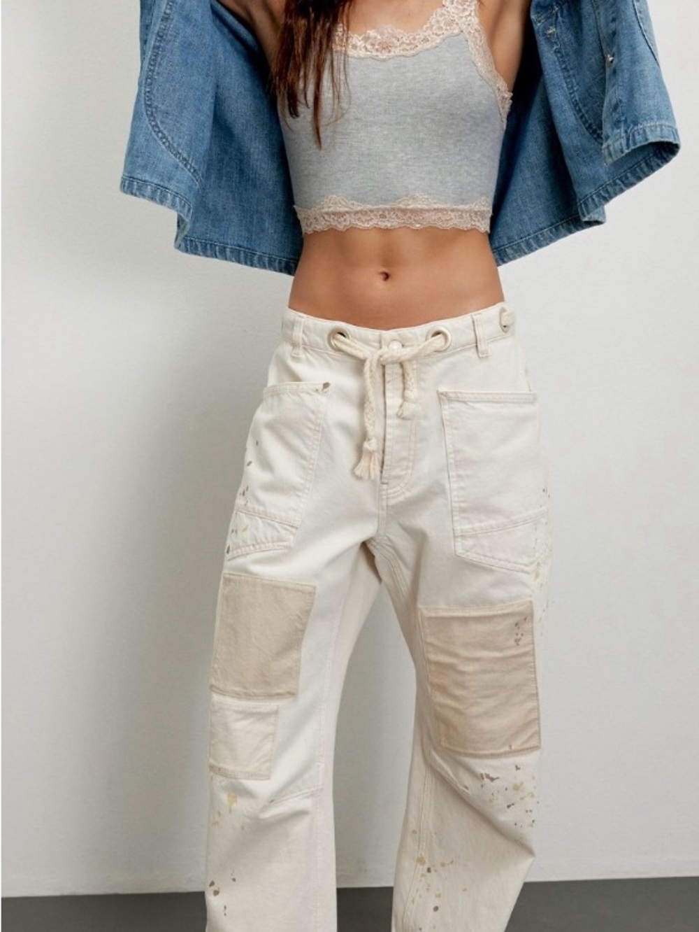 We The Free Cream Boyfriend Utility Jeans with Patch Details